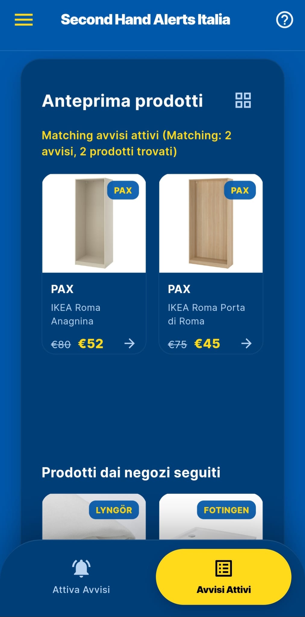 Anteprima prodotti con matching avvisi attivi